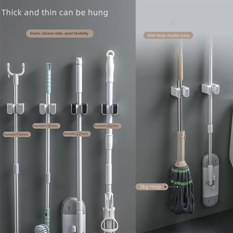 2 Pcs Wall Mounted Mop Holder Bathroom Accessories No Punching Multi-Purpose Kitchen Strong Mop Hanger Broom Holder Mop Racks