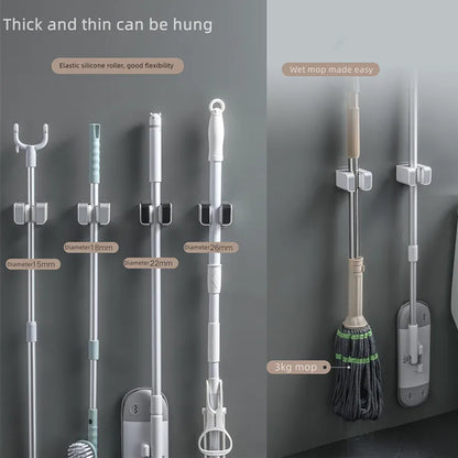 2 Pcs Wall Mounted Mop Holder Bathroom Accessories No Punching Multi-Purpose Kitchen Strong Mop Hanger Broom Holder Mop Racks