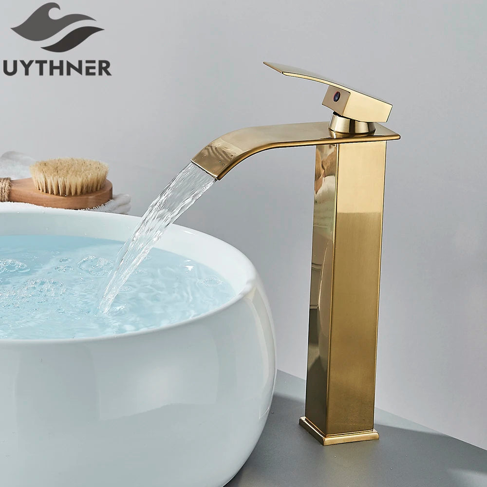 Brushed Golden Basin Faucet Single Level Mixer Tap Hot and Cold Water Mixer Bathroom Sink Faucet Deck Mounted Basin Taps