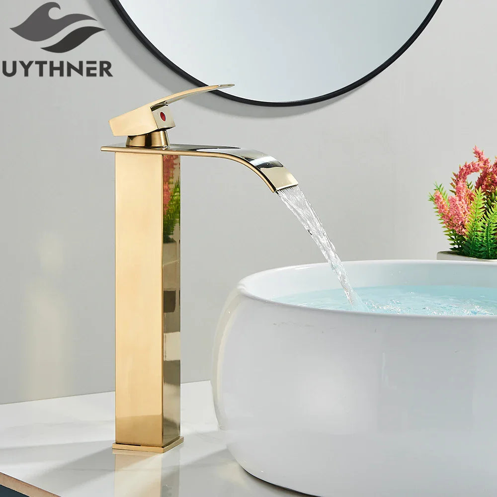 Brushed Golden Basin Faucet Single Level Mixer Tap Hot and Cold Water Mixer Bathroom Sink Faucet Deck Mounted Basin Taps