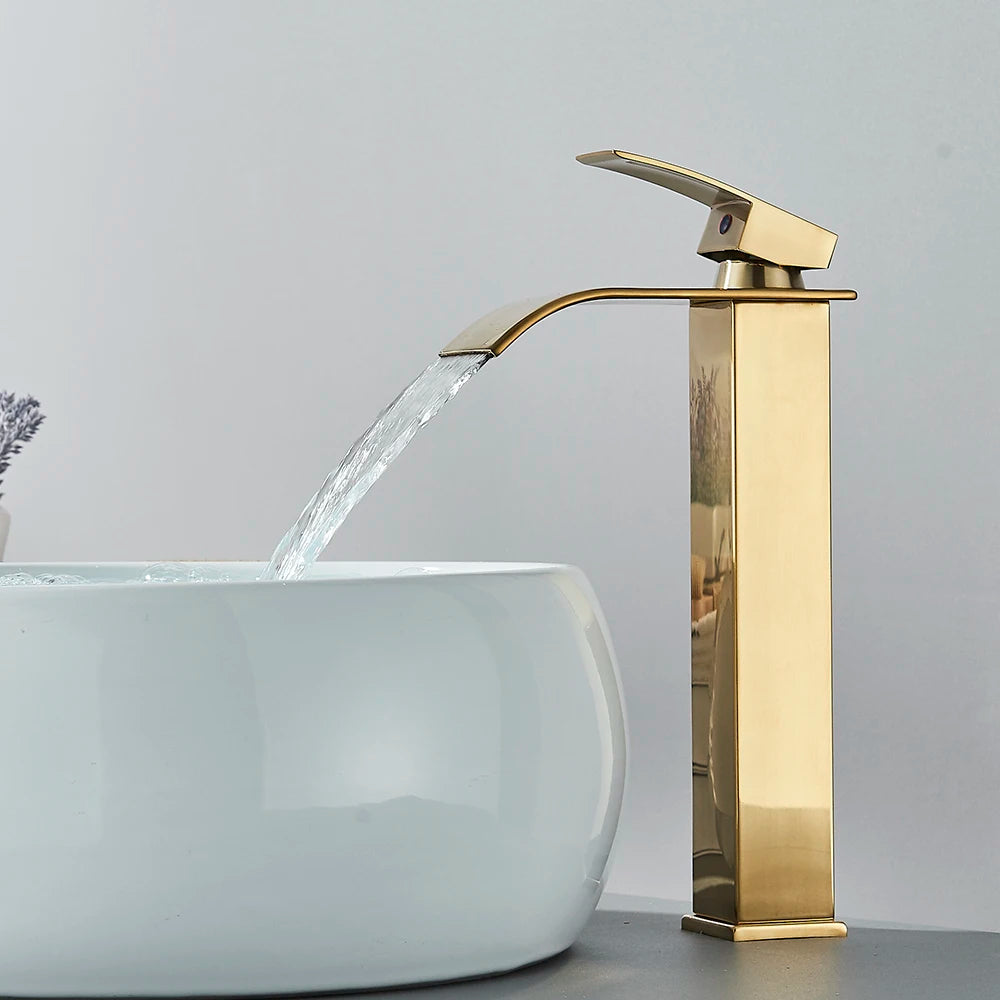 Brushed Golden Basin Faucet Single Level Mixer Tap Hot and Cold Water Mixer Bathroom Sink Faucet Deck Mounted Basin Taps