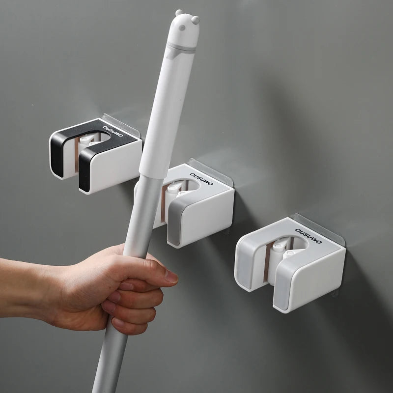 2 Pcs Wall Mounted Mop Holder Bathroom Accessories No Punching Multi-Purpose Kitchen Strong Mop Hanger Broom Holder Mop Racks