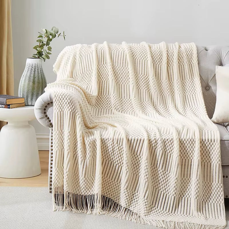 White Boho Throw Blankets Textured Big Knitted Blankets Chunky Vintage Luxury Throw Bedspread Blanket Cover Manta Para Sofá