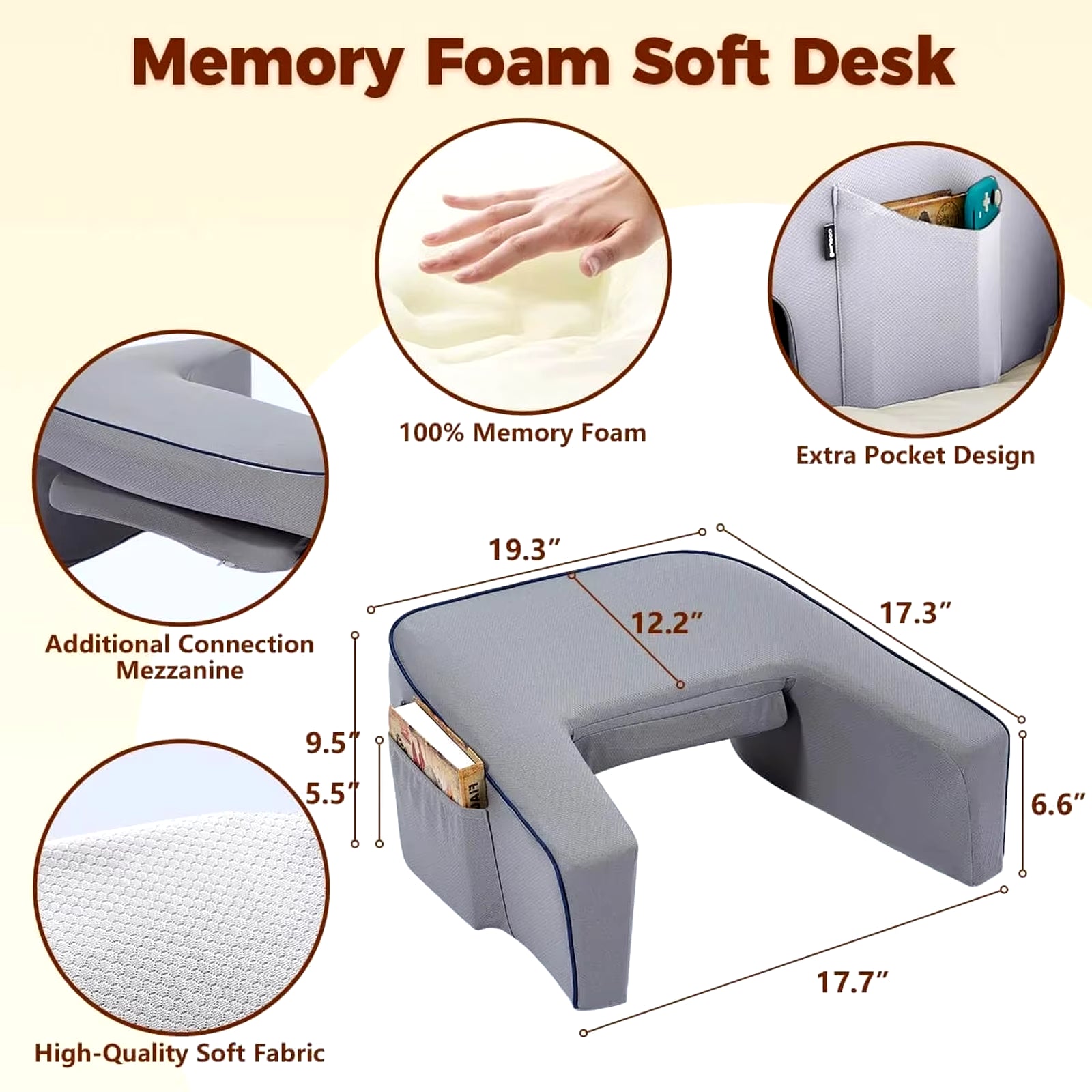 Reading Pillow for Bed, Gaming Pillow for Lap, Petite Adults, Teens Arm Rest Pillow, Memory Foam Lap Desk Pillow for Reading, Wo
